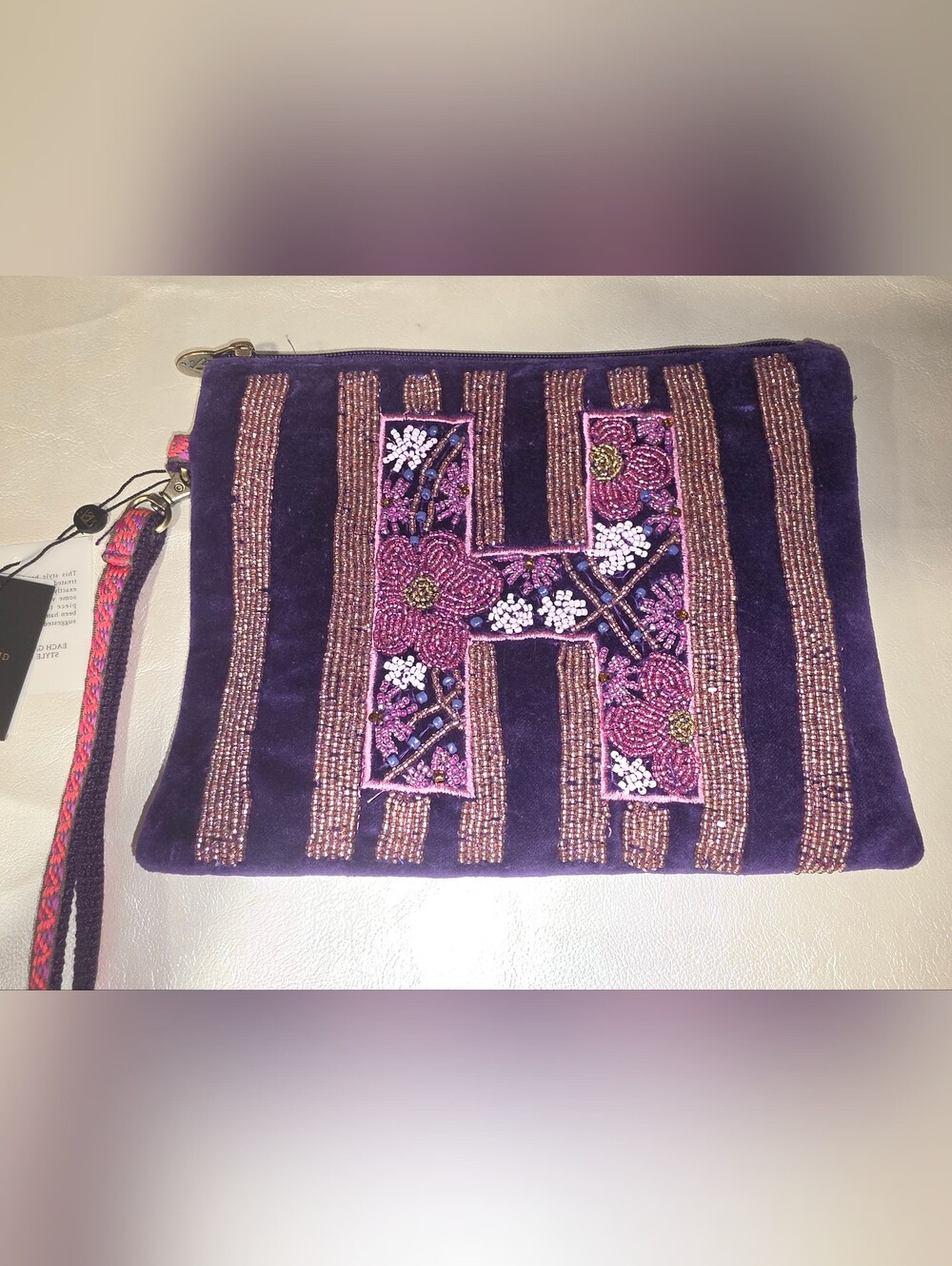 America & Beyond Handcrafted Velvet Purple Beaded Floral "H" Monogrammed Clutch